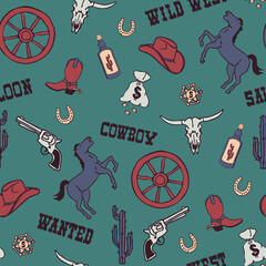 Seamless vector pattern with wild west cowboy on teal blue background. Simple hand drawn western wallpaper design. Decorative Texas fashion textile.