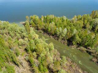 Fototapeta na wymiar Lake shore in spring. Aerial drone view.