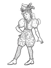 Person in fancy vintage suit and hat with feathers and flowers with a monkey on her shoulder. Black and white vector illustration