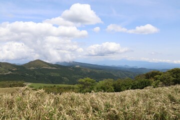 Fototapeta premium 伊豆山稜歩道の風景。伊豆の山々の尾根道を歩くコース。伊豆の高原、山々を眺めを楽しみながらのウオーキング。 仁科峠からの眺め