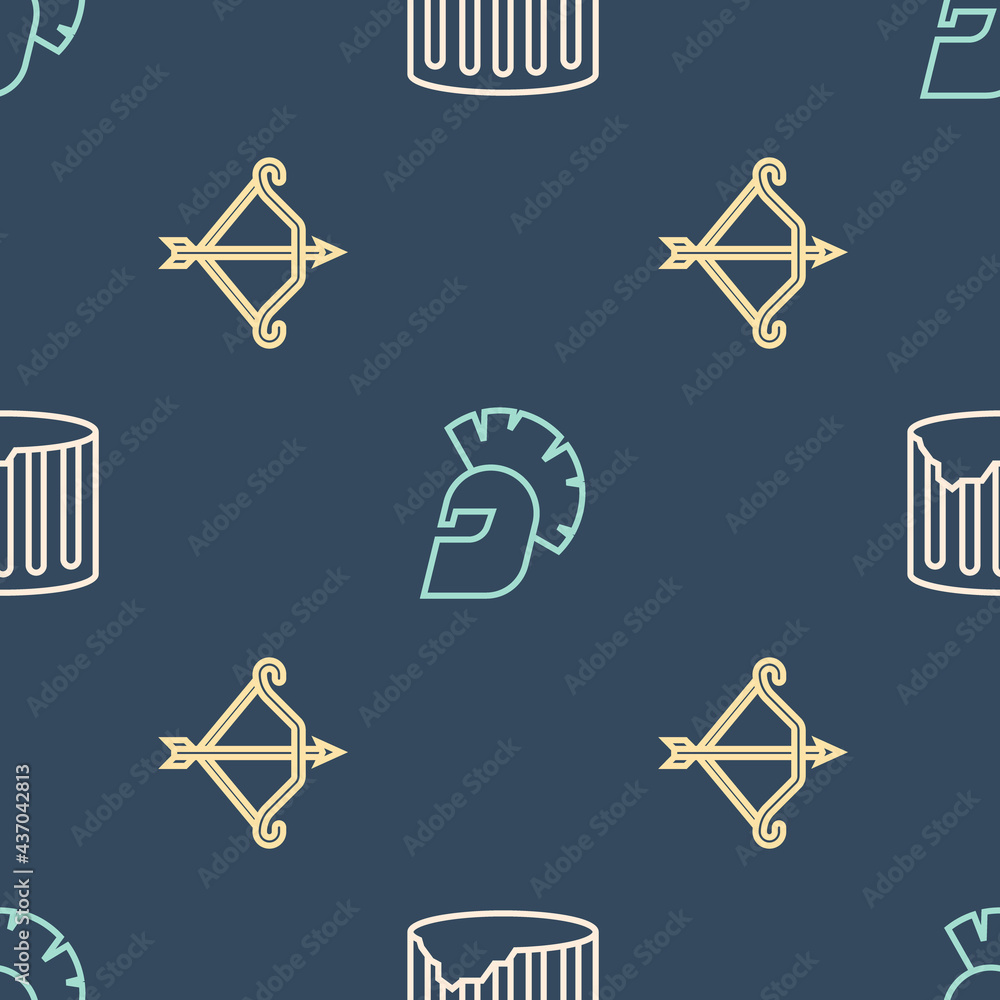 Poster set line ancient column, medieval bow with arrow and greek helmet on seamless pattern. vector
