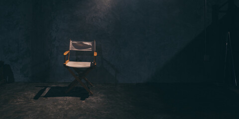 single wood director chair, furniture seat setting in cinema studio, industry film entertainment...