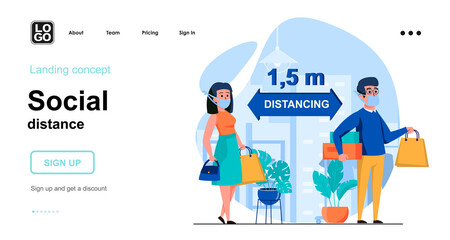 Social distance web concept. People in medical masks distancing, coronavirus epidemic prevention. Template of human scenes. Vector illustration with character activities in flat design for website