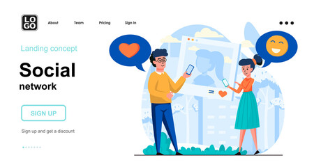 Social network web concept. Couple chatting online, posting photo on Internet, collecting likes. Template of people scenes. Vector illustration with character activities in flat design for website