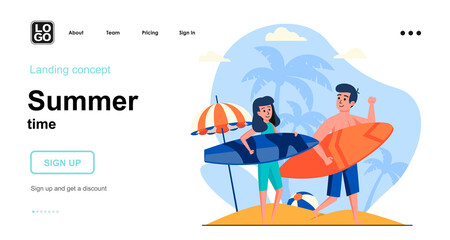 Summer time web concept. Couple surfing, resting at seaside resort, ocean vacation, family activity. Template of people scenes. Vector illustration with character activities in flat design for website