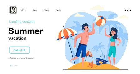 Summer vacation web concept. Man and woman playing ball on beach, resting at seaside resort. Template of people scenes. Vector illustration with character activities in flat design for website
