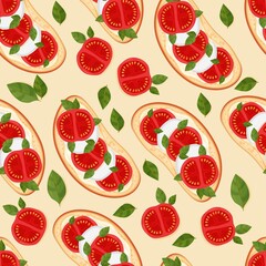 Pattern of a sandwich with pocherella and tomato. Bruschetta. Healthly food. Vegetarianism. Simple drawing in cartoon style. Vector illustration.