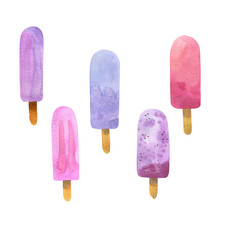 Set of summer pink and lilac popsicle. Hand drawn watercolor illustration. - 437043897