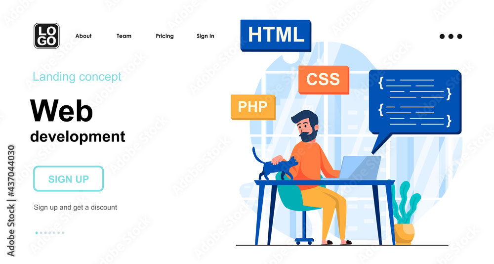 Poster Web development concept. Programmer coding code for webpage, customization and process optimization. Template of people scenes. Vector illustration with character activities in flat design for website