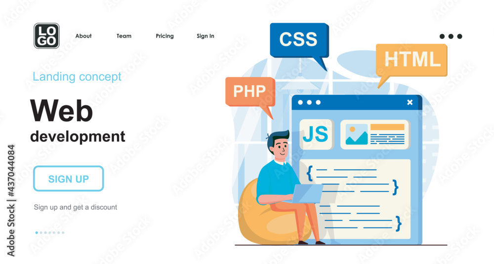 Aufkleber Web development concept. Man develops product, webpage layout, posting content, coding code. Template of people scenes. Vector illustration with character activities in flat design for website