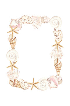 Watercolor seashell frame, ocean frame, sea, beach