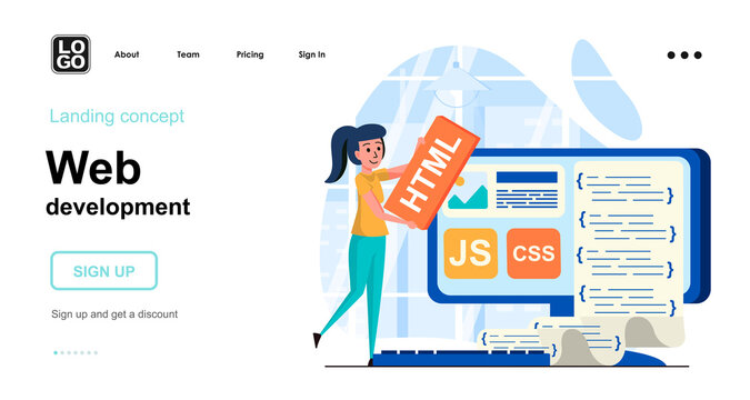 Web Development Concept. Woman Creates Layout Of Webpage, Customization And Process Optimization. Template Of People Scenes. Vector Illustration With Character Activities In Flat Design For Website