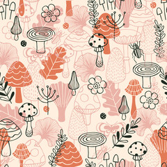 Forest elements seamless pattern. Linear graphic. Mushrooms, insects and leaves. Vintage style. 