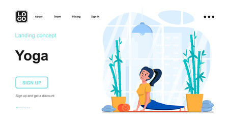 Yoga web concept. Young girl performs asanas in workout, training body strength, healthy lifestyle. Template of people scenes. Vector illustration with character activities in flat design for website