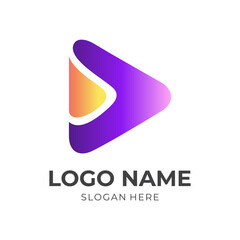 play button logo design with flat purple and yellow color style