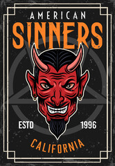 Devil head vintage colored poster with text american sinners. Vector decorative template illustration