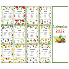 Fruit summer calendar for 2022 from fruit patterns for vegans, color vector illustration