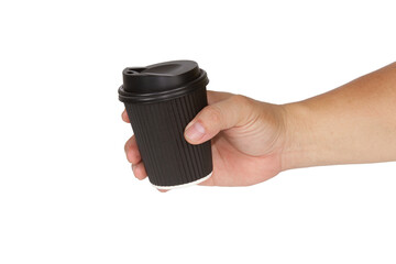 Hand holding Dark Brown Disposable Paper Coffee Cups isolated on white background.
