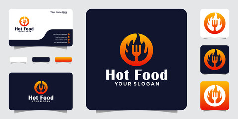 Fototapeta na wymiar spicy food logo with negative space fork and hot fire design and business card