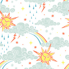 Fototapeta na wymiar Seamless vector pattern with summer weather on white background. Simple sun and clouds wallpaper design. Decorative rainbow fashion textile.