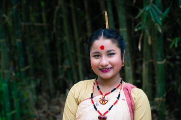 girl smiling face isolated dressed in traditional wearing on festival with blurred background - obrazy, fototapety, plakaty