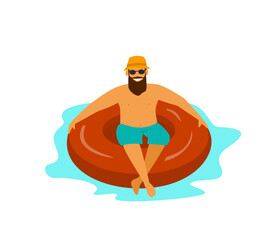 fun guy swimming on inflatable tube float ring in the pool vector illustration isolated