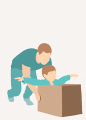 Father playing with his son while the child is in a box ready to play on an isolated white background. Happy International Father’s Day 2021.