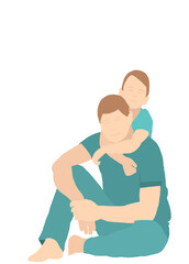 Father playing with his son while hugging his father on an isolated white background.