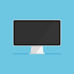 Cartoon computer monitor. Empty or blank screen display isolated on blue background. Mock up of equipment for office. Vector illustration in trendy flat style.