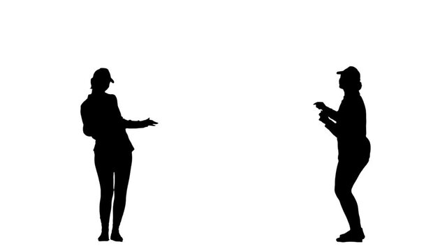 Black silhouette of a young woman in youth stylish clothes and cap dancing modern dance in a disco. 2 in 1 Collage Front and side view full length on white background. Slow motion ready 59.94fps.