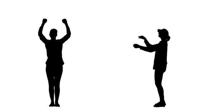 Black silhouette of a young woman in youth stylish clothes and cap dances and claps her hands. 2 in 1 Collage Front and side view full length on white background. Slow motion ready 59.94fps.