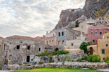 Medieval City of Monemvasia with Amphitheatrical Architecture. Old Castle Town with Multicolored Houses Built on a Huge Rock. Monemvasia Island, Greece.