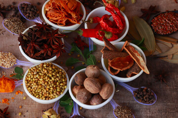 Collection of beautiful Indian spices,spices,spicy,seasonings in teble,rotating spice teble,turmeric,anise,garlic,coriander, chili,cardamom,clove,Top view.