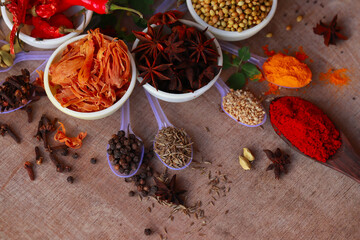 Spices and herbs in white bowls, spice in small spoon,food and cuisine ingredients,various spices collection,Food background,turmeric, star anise,mace,cloves