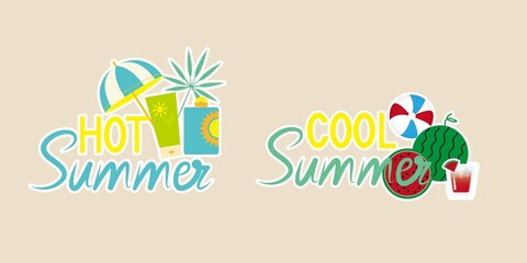 Summer concept decorative Calligraphy. Summer event design elements with parasol, tropical leaves, UV care, water melon and decorative texts. Summer design decoration sticker, Vector illustration.