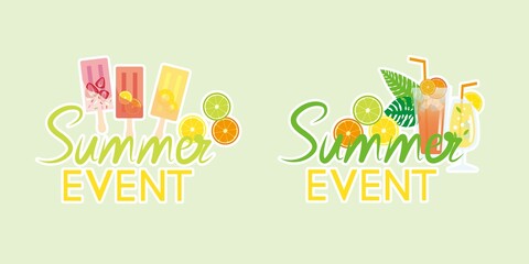 Summer concept decorative Calligraphy. Summer event design elements with ice candy, fruits, tropical leaves and juices. Summer design decoration sticker, Vector illustration.