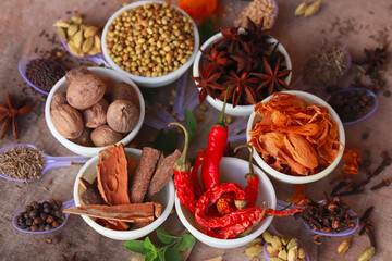 Collection of beautiful Indian spices rotated on wooden table,assortment spices and herbs for cooking,food and cuisine ingredients,various spices collection, - obrazy, fototapety, plakaty