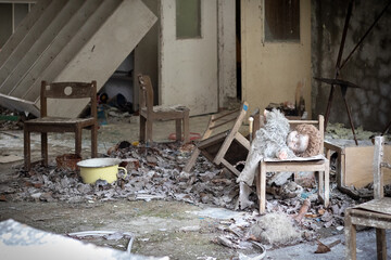 Old, broken, dusty, dirty interior an abandoned kindergarten in ghost town Pripyat, Chernobyl Exclusion Zone, Ukraine