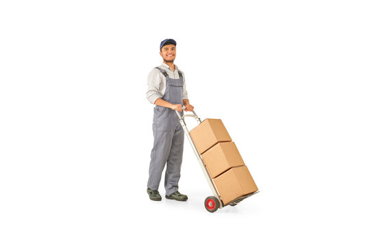 Delivery man with hand truck and transporter style brown cardboard box.