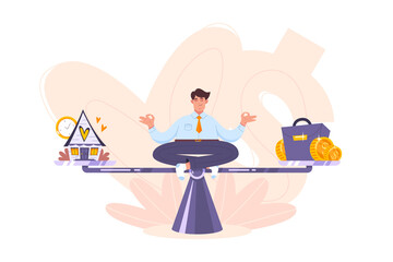 Calm businessman meditating on the scales and keep harmony choose between career and relax, business and family, leisure and money, office job and home. Work life balance concept in flat cartoon style