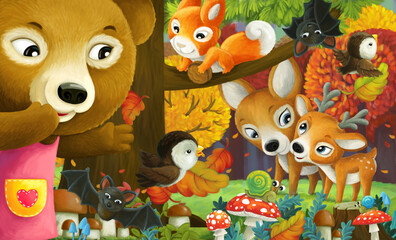 Fototapeta premium cartoon fun scene forest animals friends together