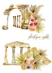 Set of watercolor compositions of antique architectural elements and floral boho bouquets, isolated illustration on white background
