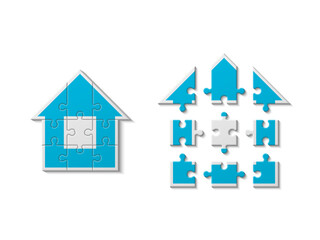 Puzzle house presentation. Home kit banner. Infographic template with explanatory text field for business statistics illustration