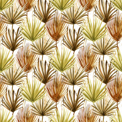 Seamless pattern of watercolor brown and green dried fan palm leaves, illustration on white background