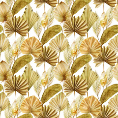 Seamless pattern of watercolor beige and golden dried fan palm leaves and pampas grass, illustration on white background