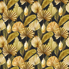 Seamless pattern of watercolor beige and golden dried fan palm leaves and pampas grass, illustration on dark background