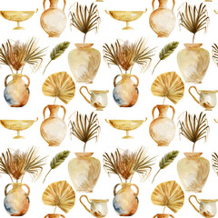 Seamless pattern of watercolor ancient pottery and dried fan palm leaves on white background - obrazy, fototapety, plakaty