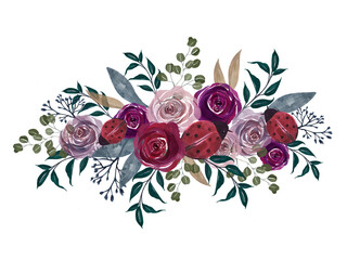Watercolor vintage floral splash little ladybug lavender mauve Pink and plum Floral rose Flowers and foliage leaf Isolated - obrazy, fototapety, plakaty