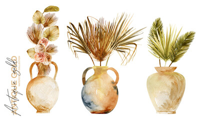 Set of watercolor antique vases and pottery with dried fan palm leaves and flowers, isolated illustration on white background