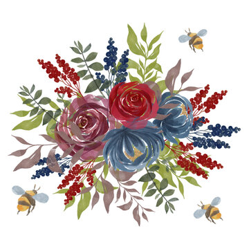 Watercolor vintage floral splash little Bee red mauve blue gold green Floral rose peonies Flowers and foliage leaf Isolated